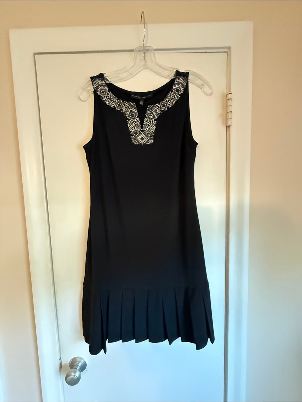 White House Black Market Black Sleeveless Beaded Neck Pleated Hem Dress